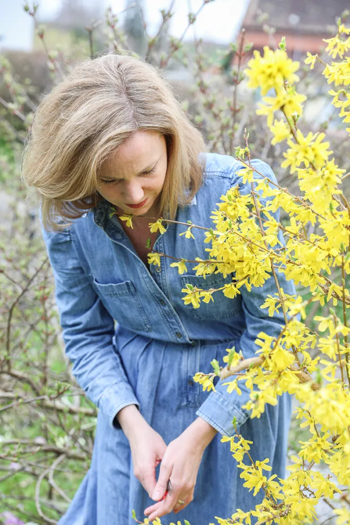 alltag-mit-fsme-borreliose-angelika-wick-garten-blumen-schneiden-jeanskleid-schere-strauch