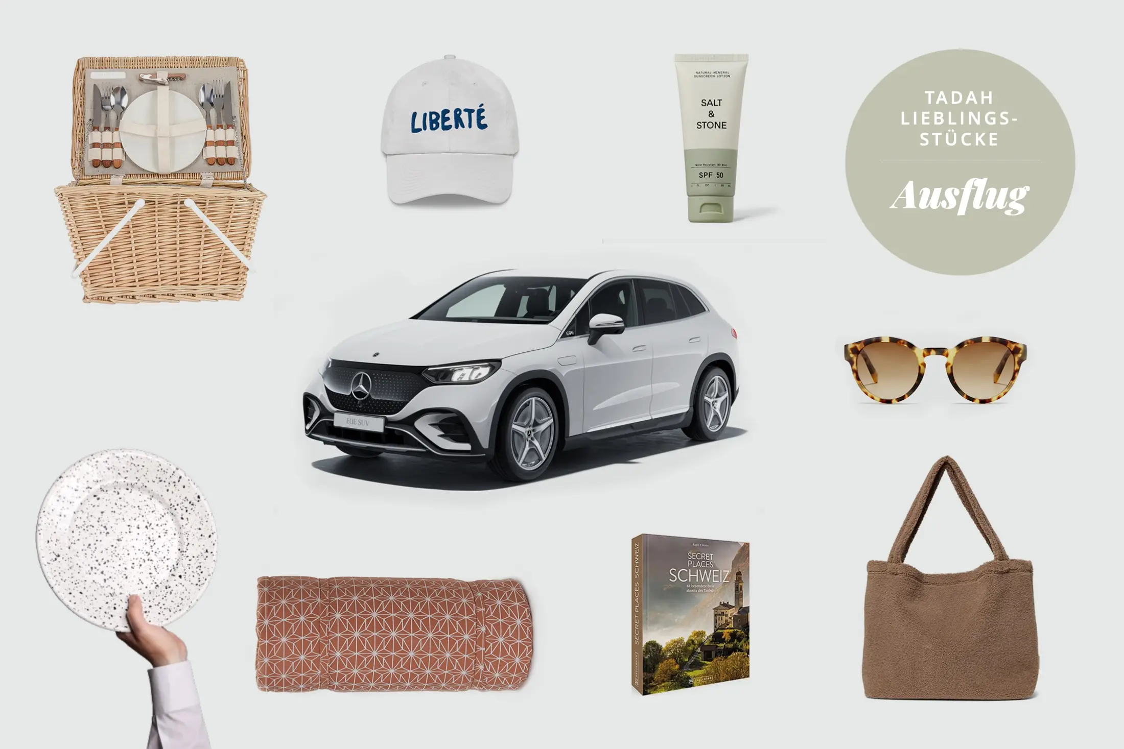 picknickkorb-cap-sonnencreme-sonnenbrille-mercedes-auto-geschirr-picknickdecke-buch-tasche