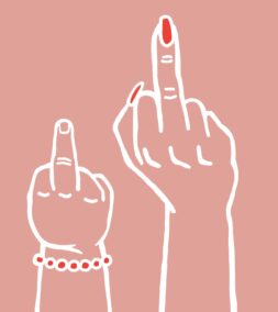 rosa-hintergrund-babyhand-frauenhand-rote-fingernägel-mittelfinger
