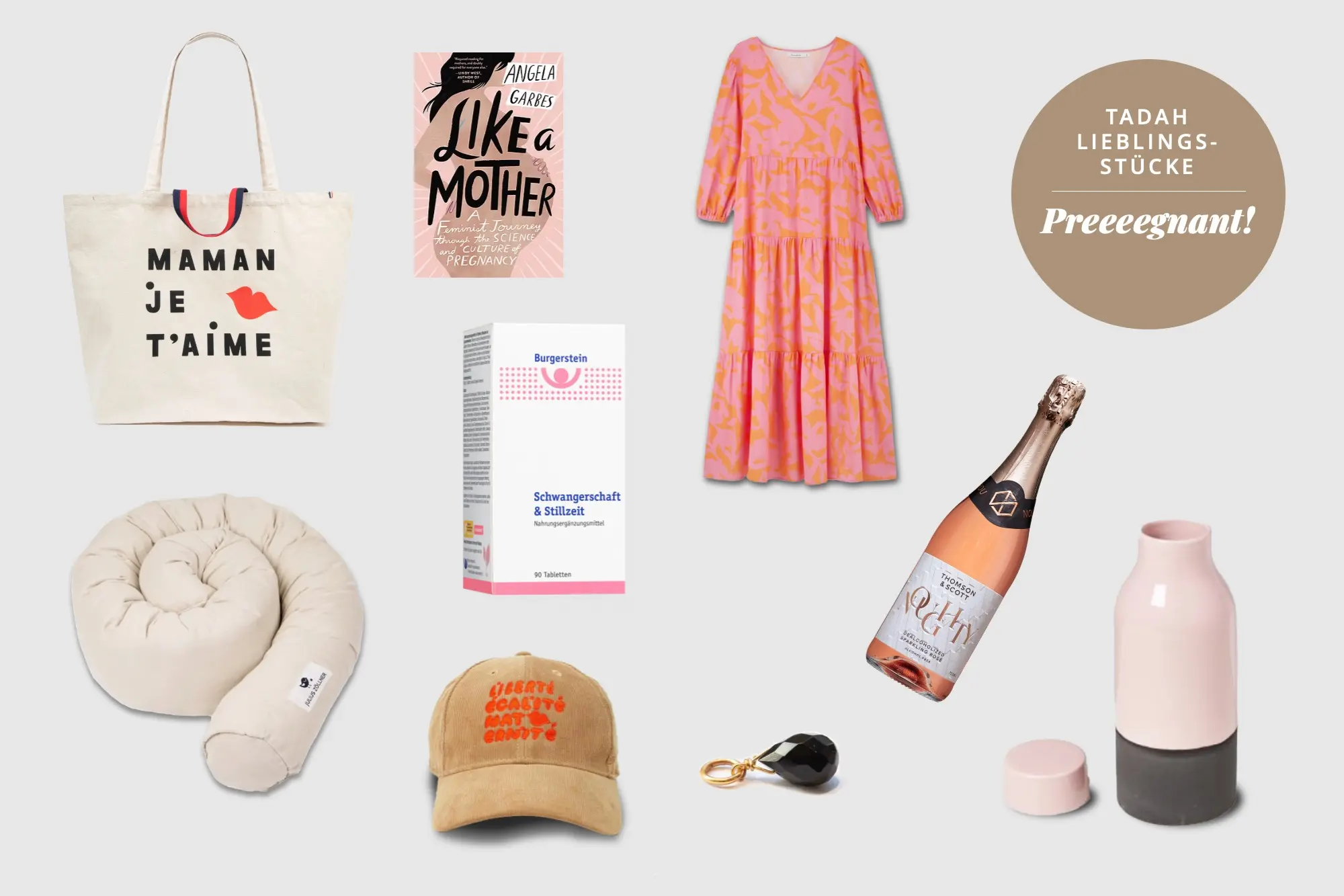 kleid-buch-tasche-stillkissen-burgerstein-roseflasche-anhänger-kararffe