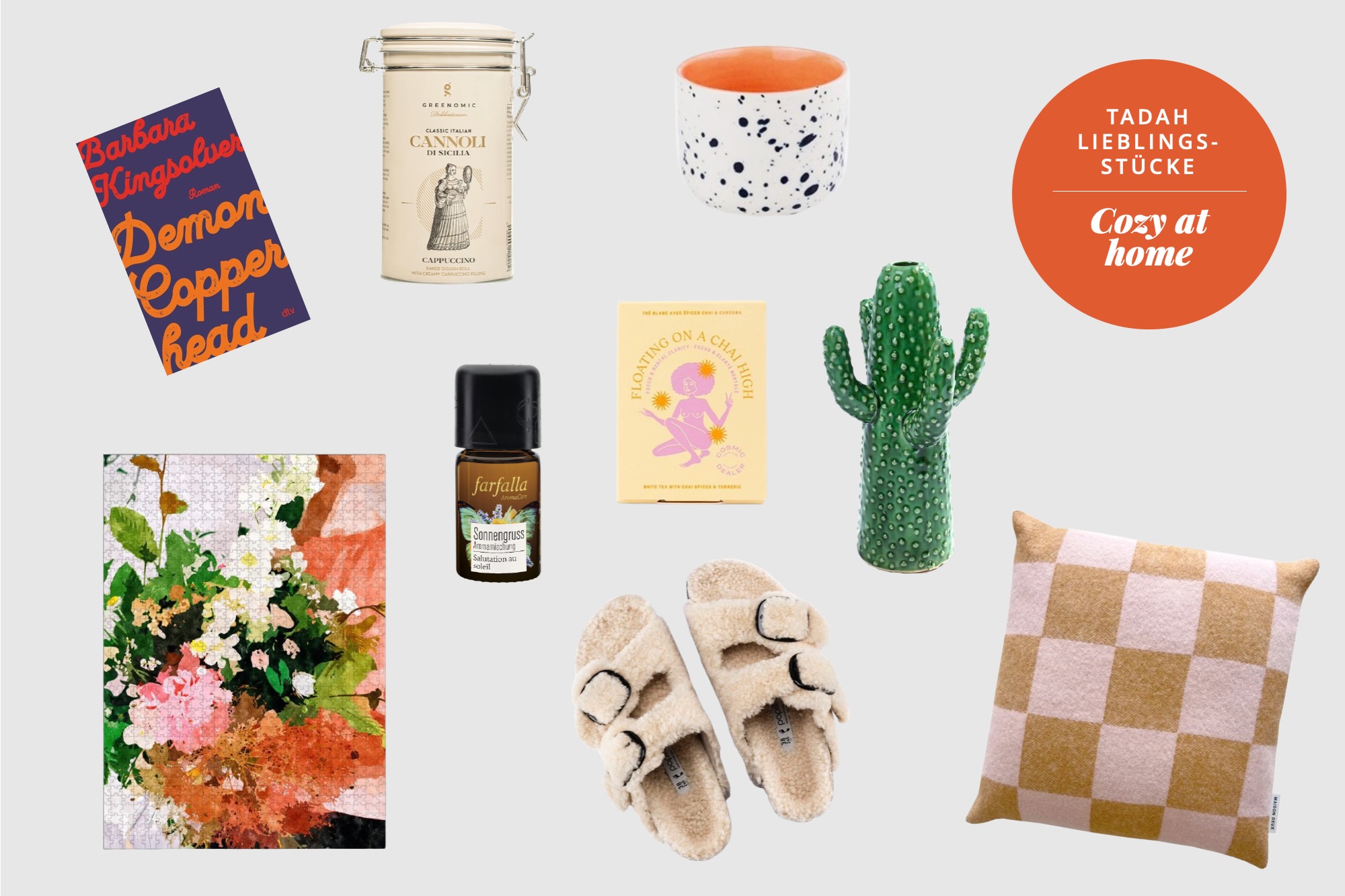 lieblingsstuecke-cozy-at-home-kissen-buch-cookies-tasse-vase-kaktus-aroma-oel-puzzle-sandalen