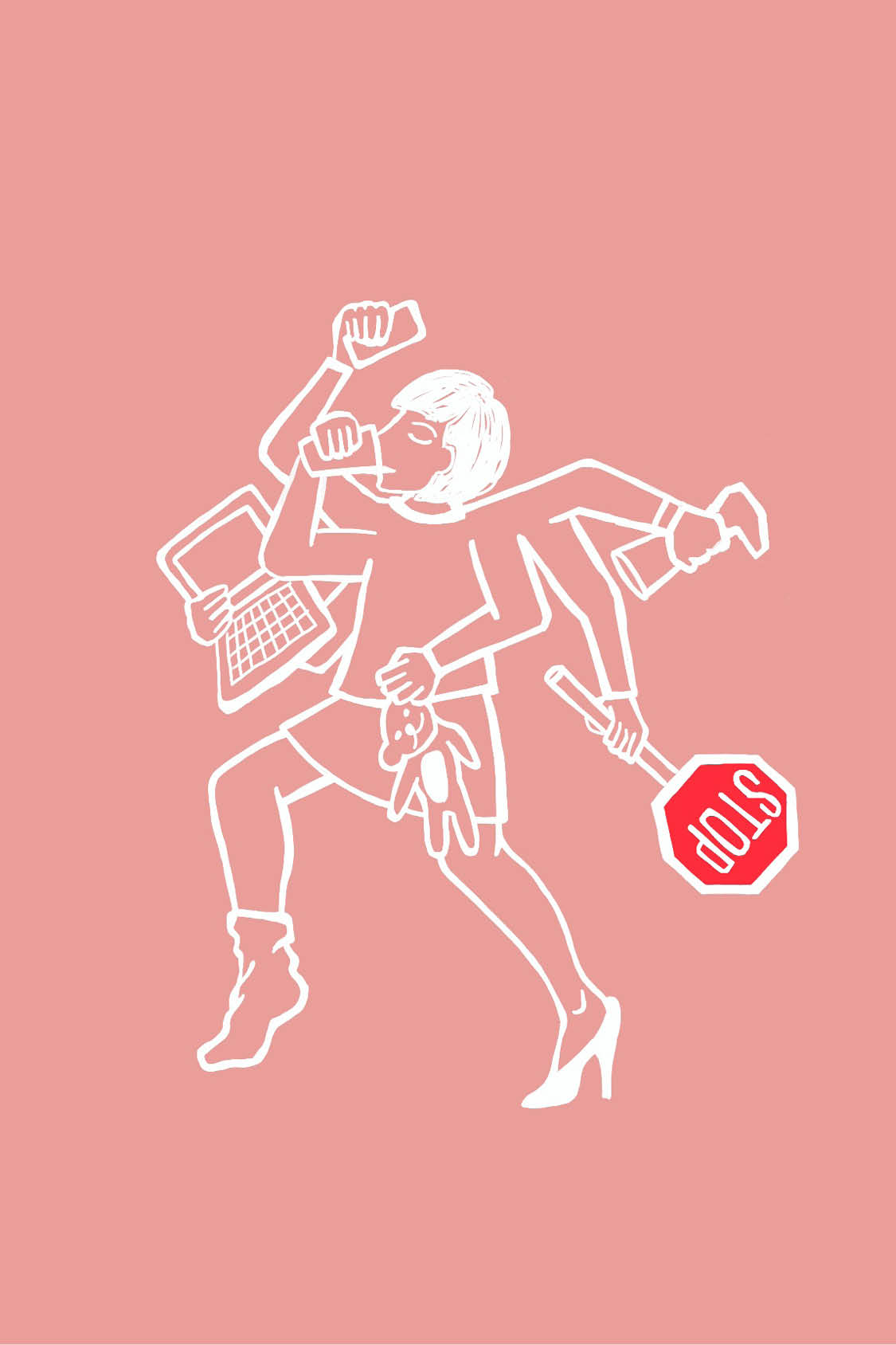 illustration-frau-mehrere-arme-stop-schild-teddybär-laptop-handy-stiefel