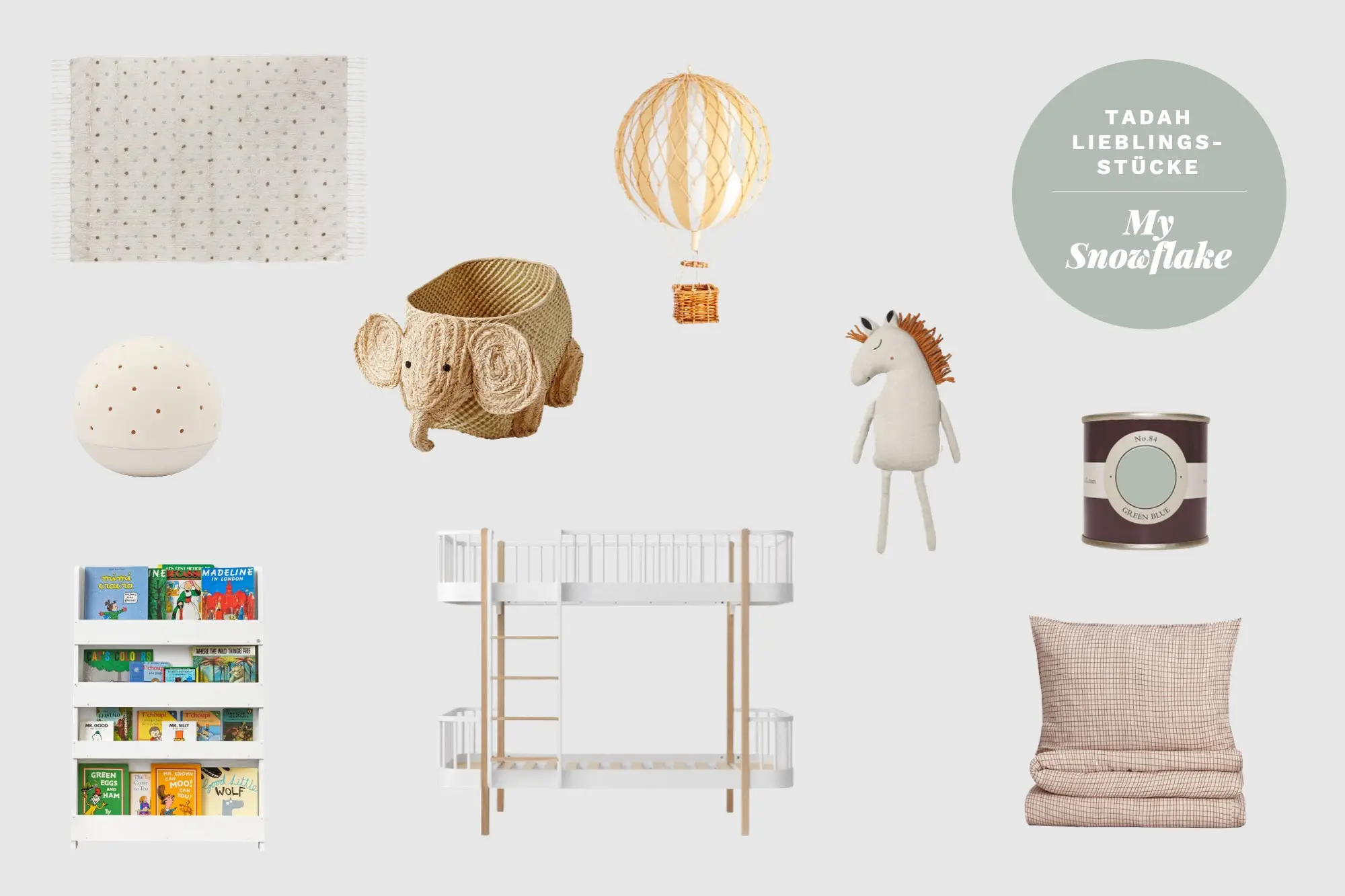 tadah-lieblingsstuecke-my-snowflake-teppich-elefant-korb-luftballon-lampe-buecher-buecherregal-stockbett-etagenbett-kinderbett-weiss-stofftier-pferd-wandfarbe-kissen-duvet-kariert